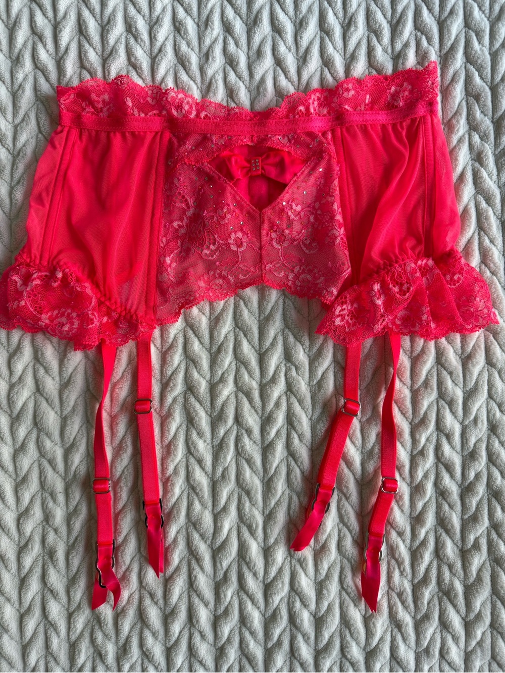 Lace Trim Garter Belt - Hot Pink